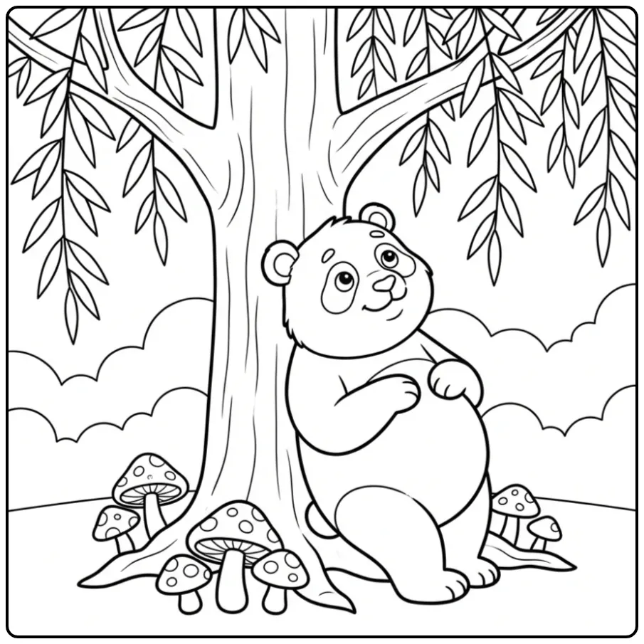 Panda coloring page leaning against a tree with bamboo