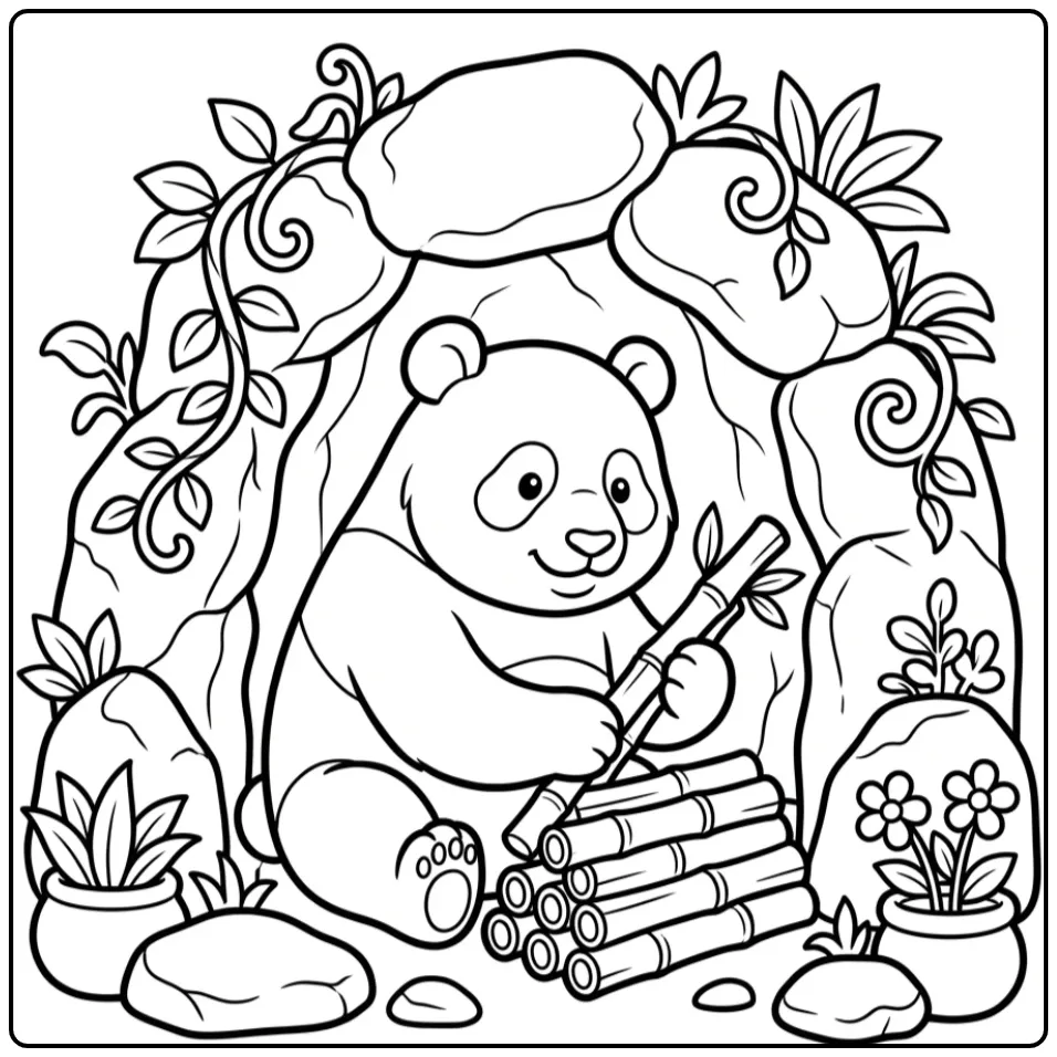 Panda coloring page stacking bamboo by a cave