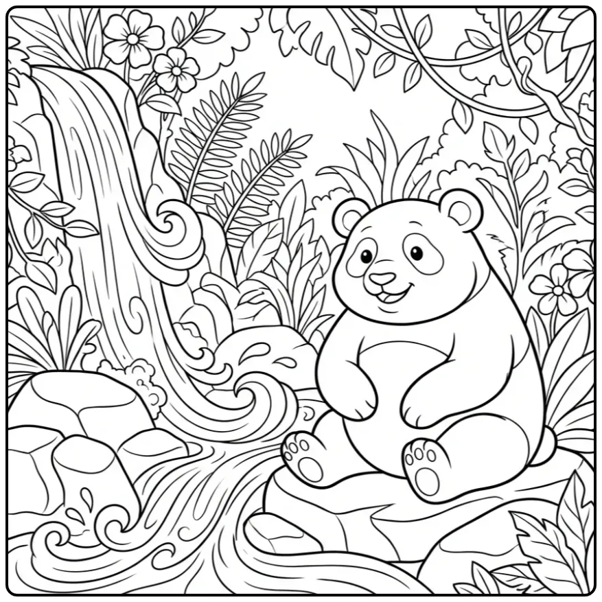 Difficult panda coloring page in nature with rocks