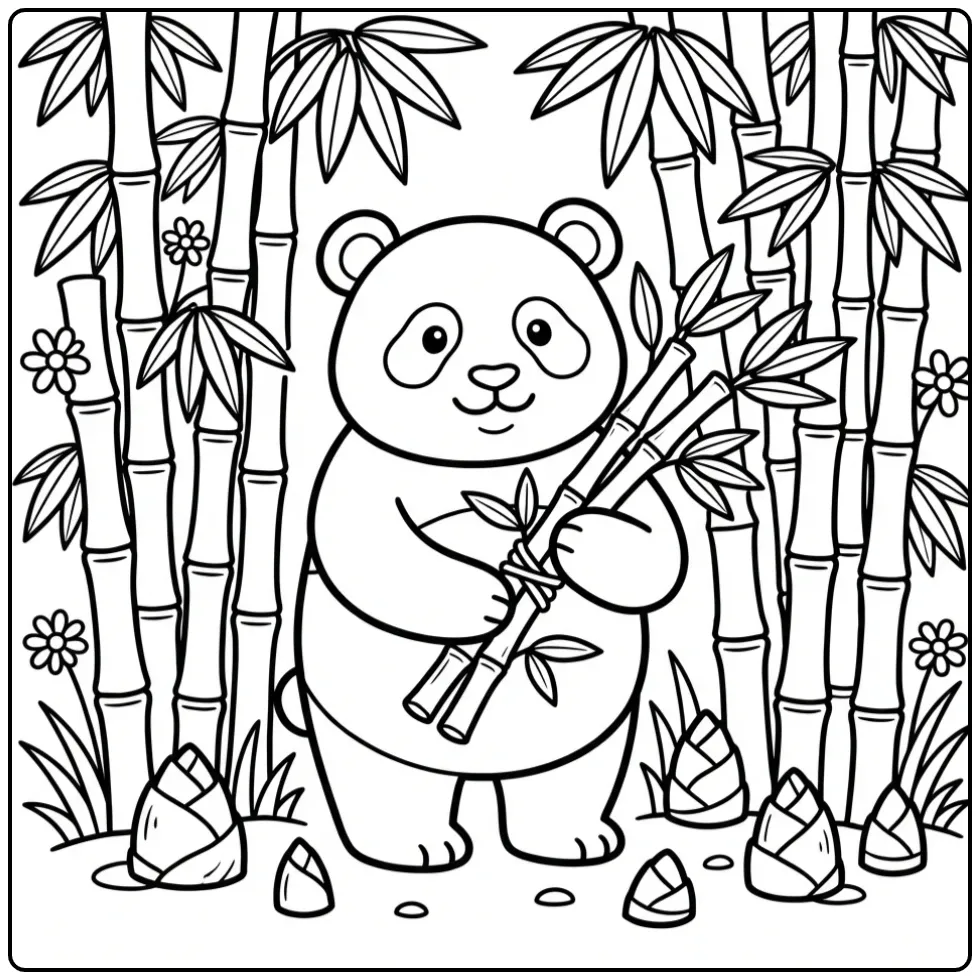 Panda with bamboo coloring page in a bamboo forest