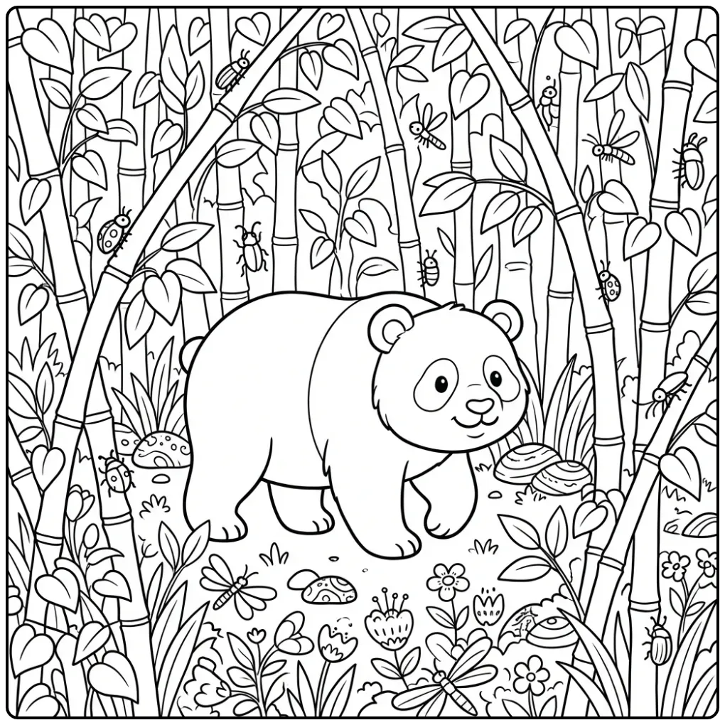 Difficult panda coloring page in a bamboo forest