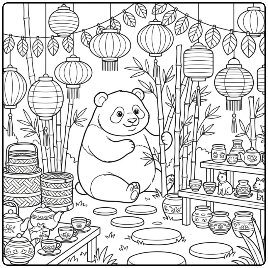 Difficult panda coloring page in a bamboo garden with lanterns