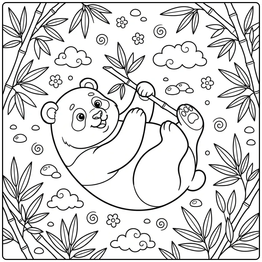 Panda with bamboo coloring page lying on its back