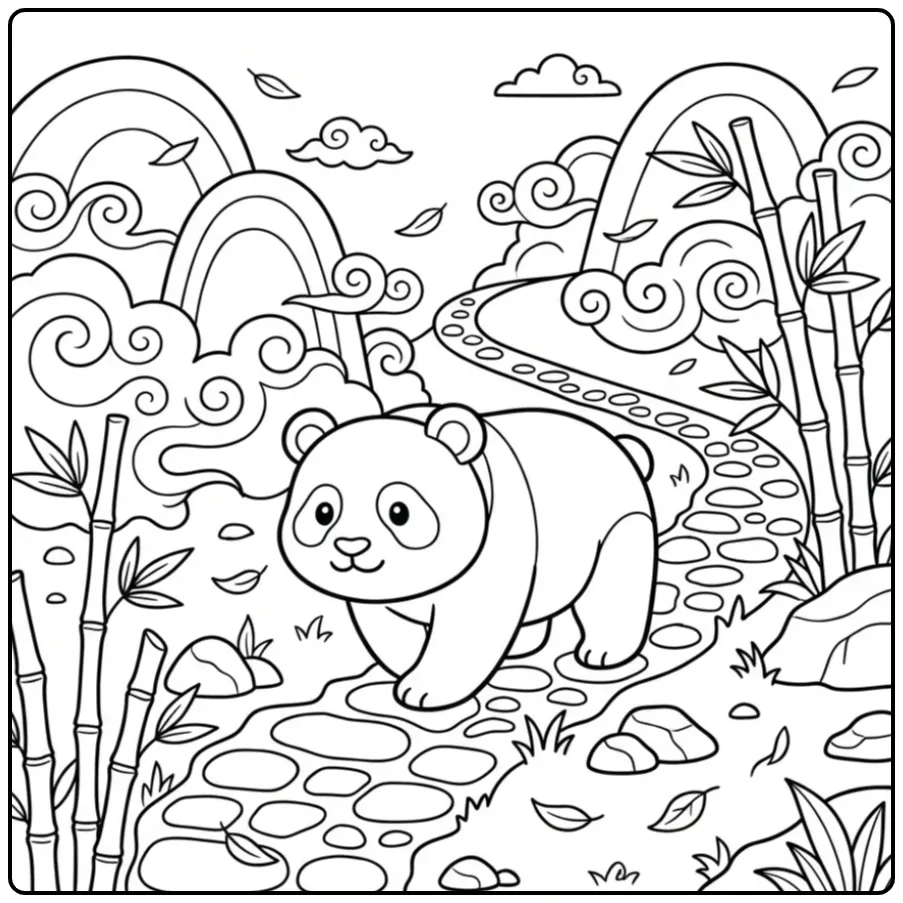Panda coloring page on a mountain path with bamboo