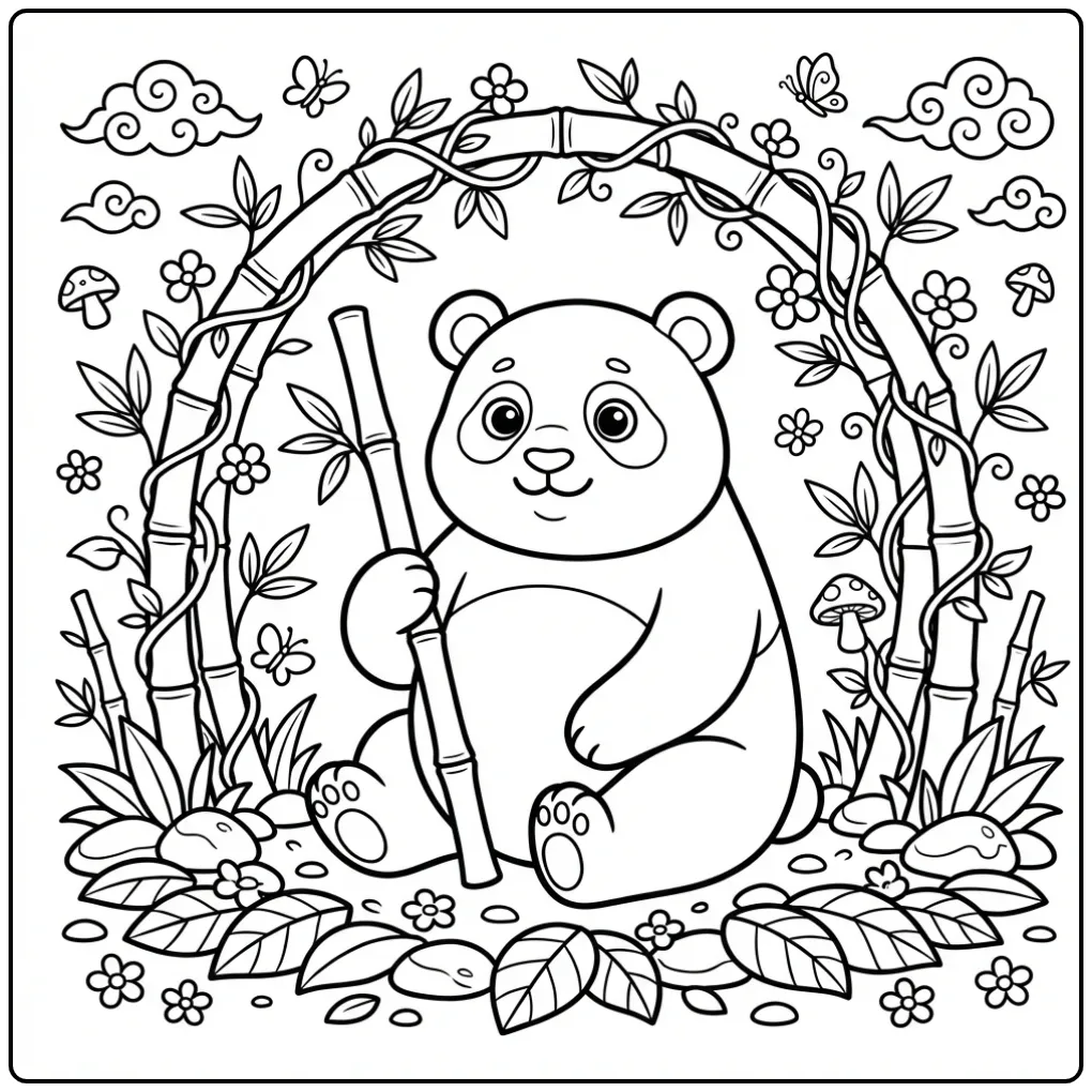 Panda coloring page under a bamboo arch