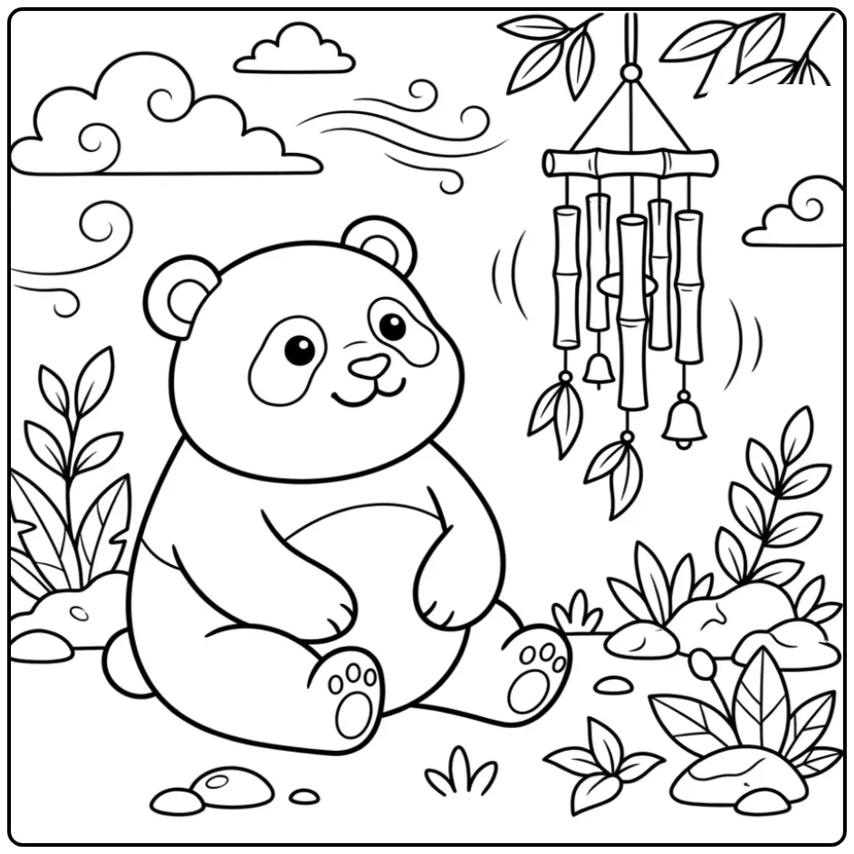 Panda coloring page by a bamboo wind chime
