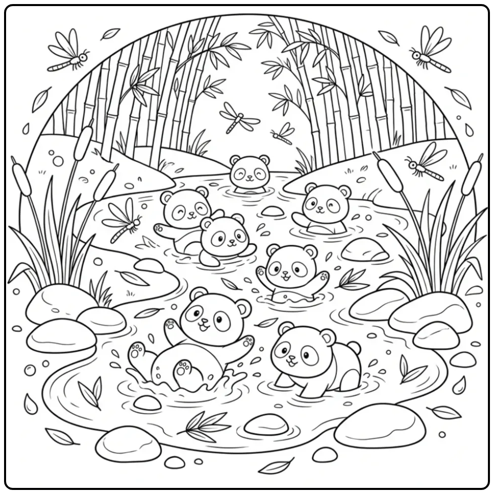 Little pandas coloring page playing in water