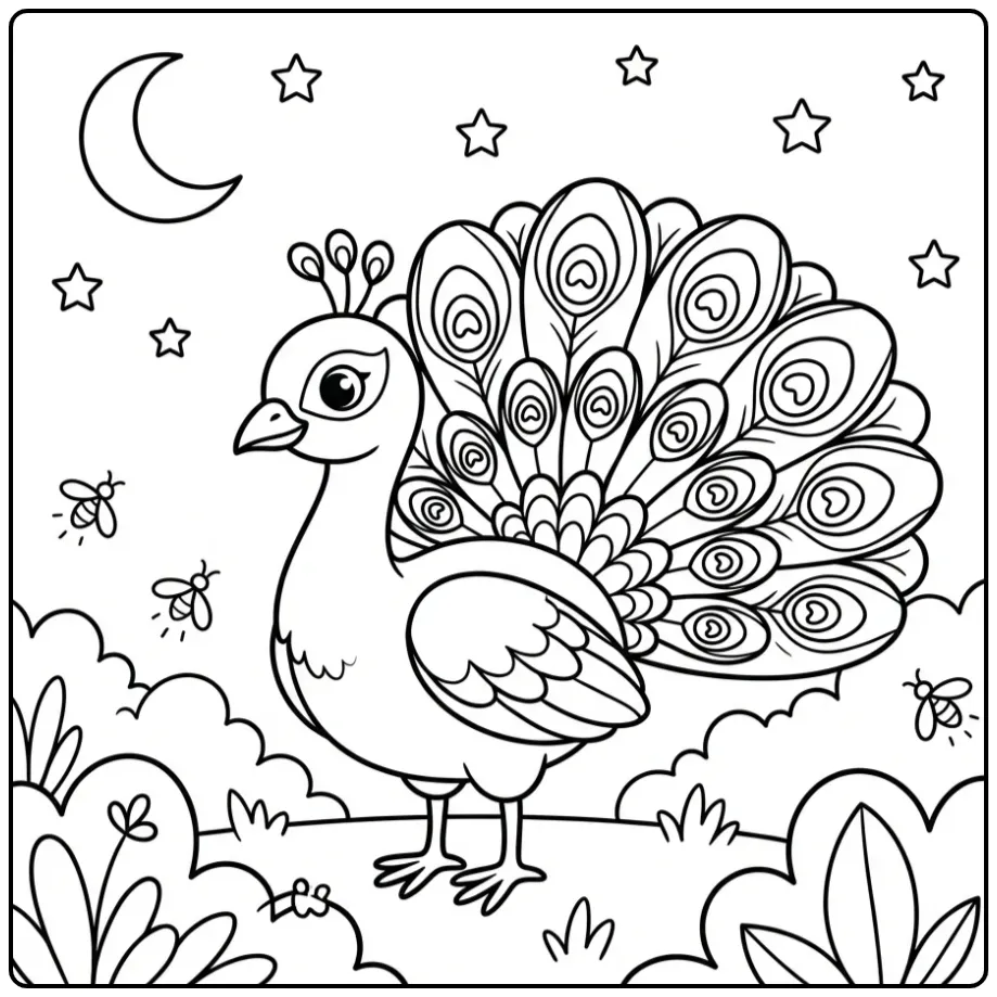 Peacock coloring page under the moon and stars