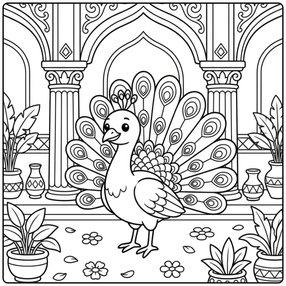 Peacock coloring page in a palace garden with flowers