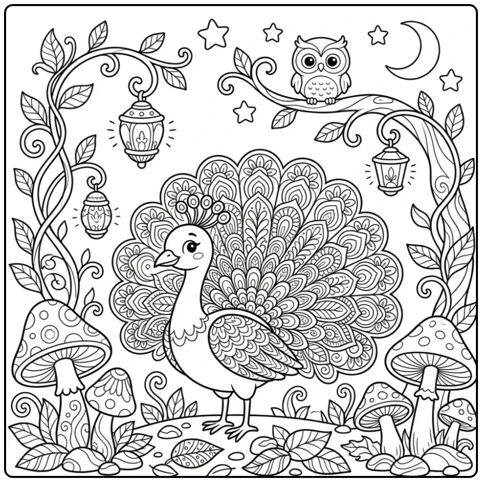 Difficult peacock coloring page with a little owl
