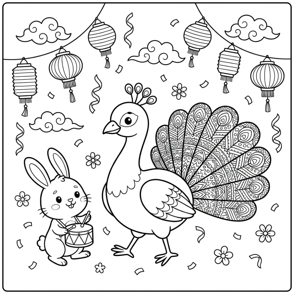 Difficult peacock coloring page with festive details