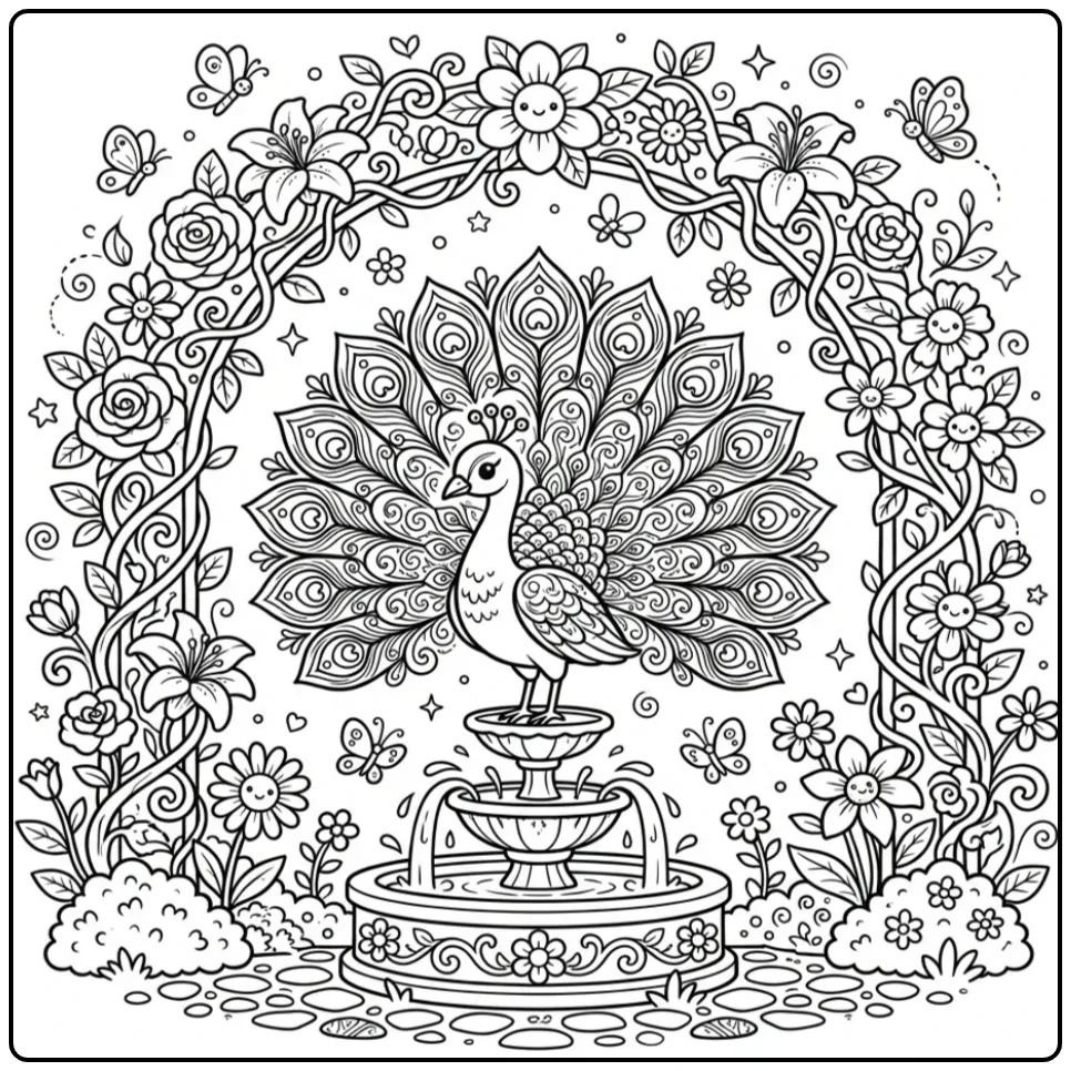 Difficult peacock coloring page under a garden arch