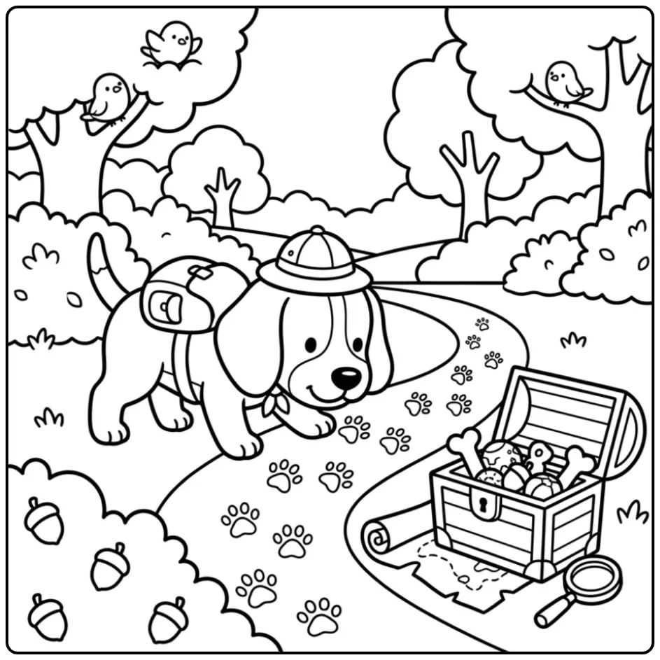 Beagle Puppy Treasure Hunt with Magnifying Glass coloring page