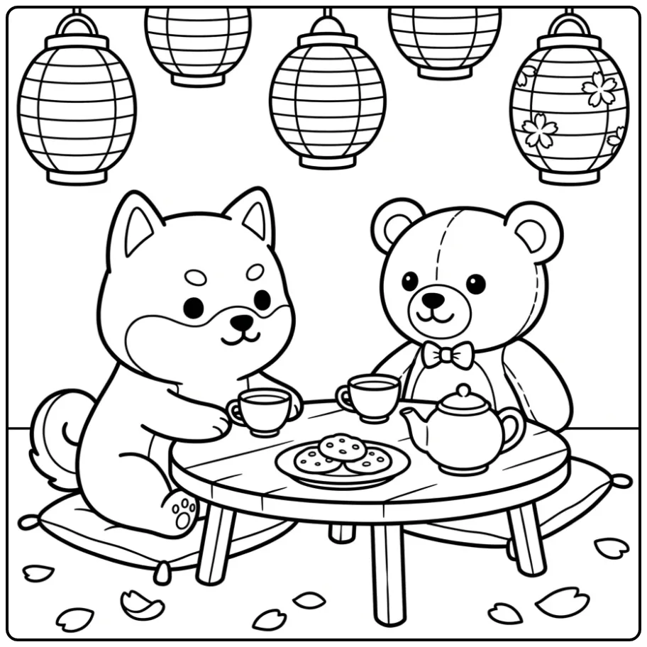 Shiba Inu Puppy Tea Party with Cookies coloring page