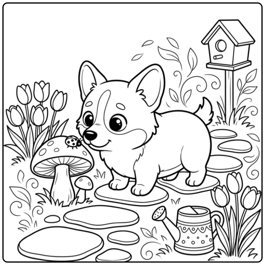 Corgi Puppy in the Flower Garden coloring page
