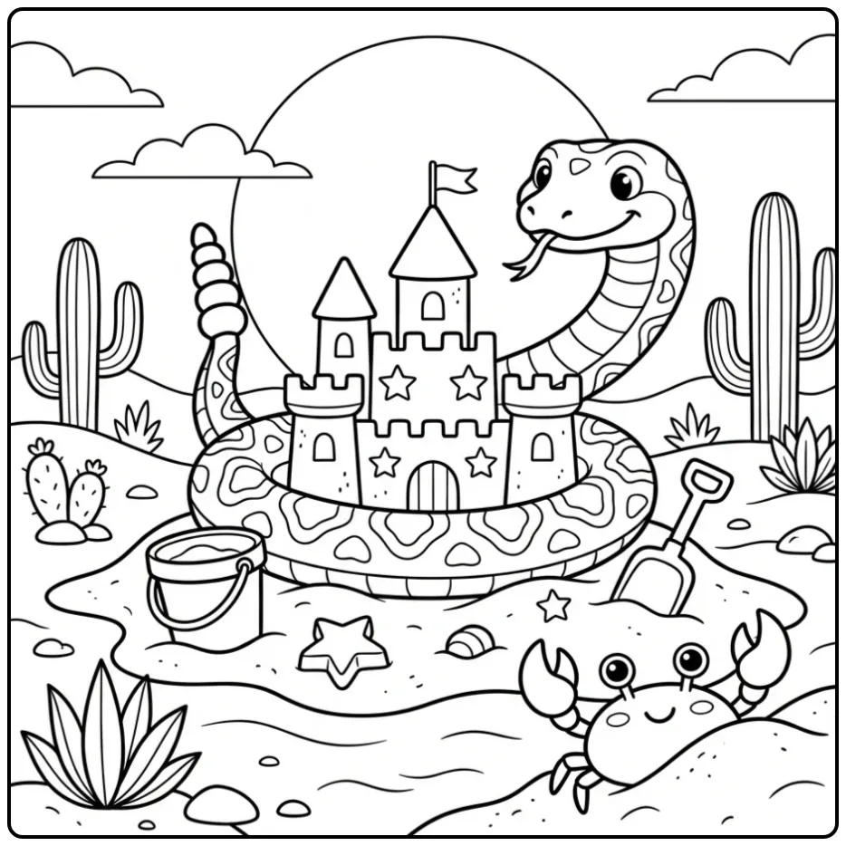 Rattlesnake coloring page guarding a sandcastle