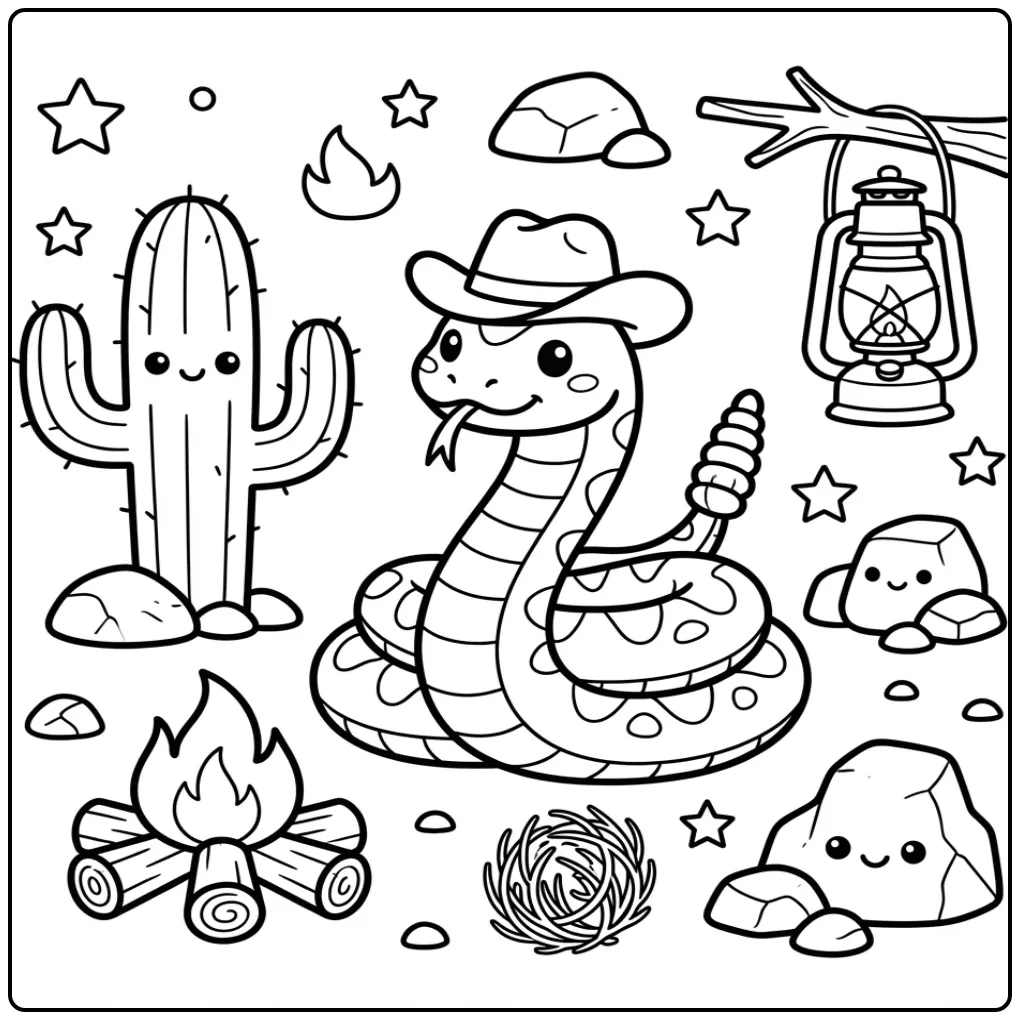 Rattlesnake coloring page with a small cowboy hat