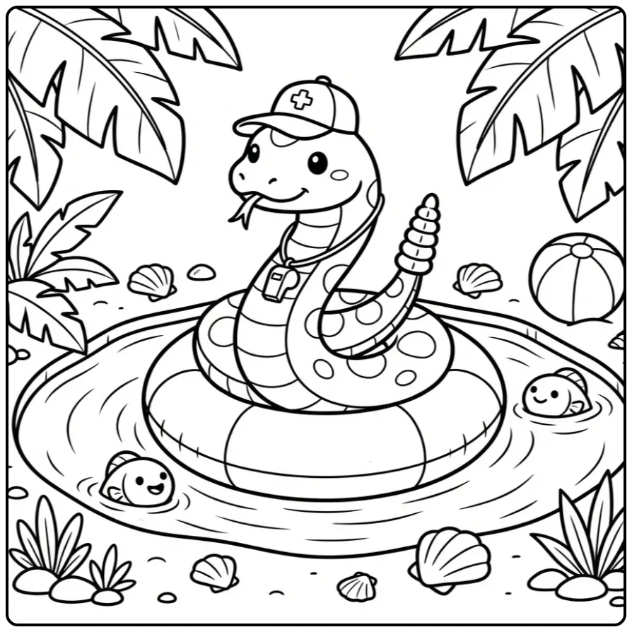 Rattlesnake coloring page as a lifeguard by an oasis