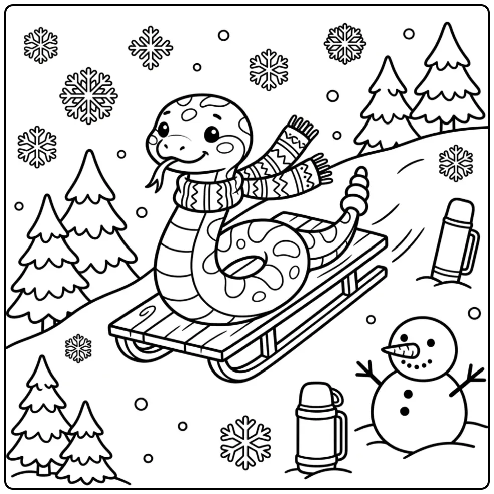 Winter rattlesnake coloring page on a sled