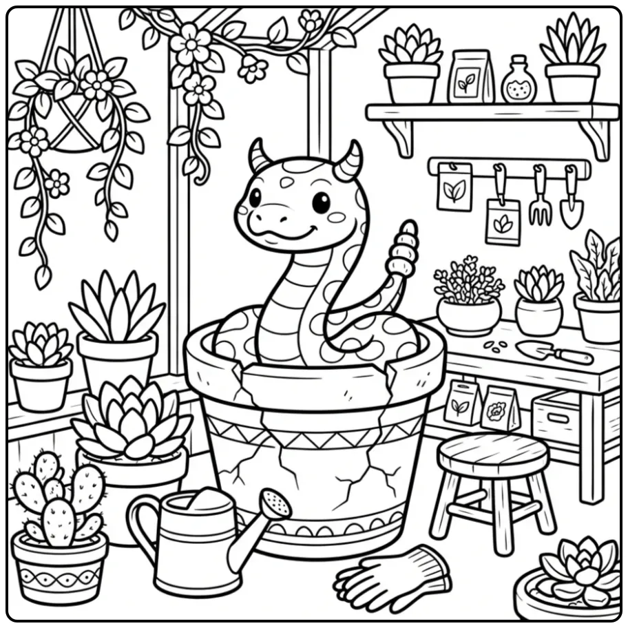 Rattlesnake coloring page in a cracked flowerpot