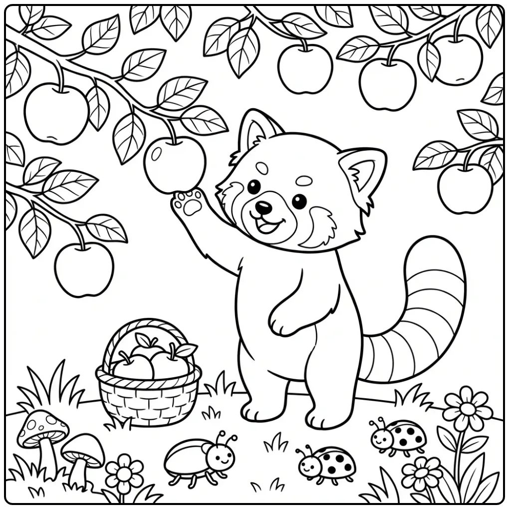 Red panda coloring page picking an apple from a tree