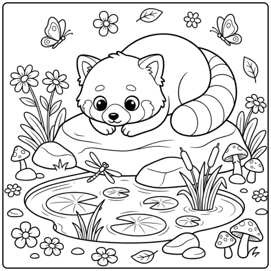 Red panda coloring page lying on a rock by water