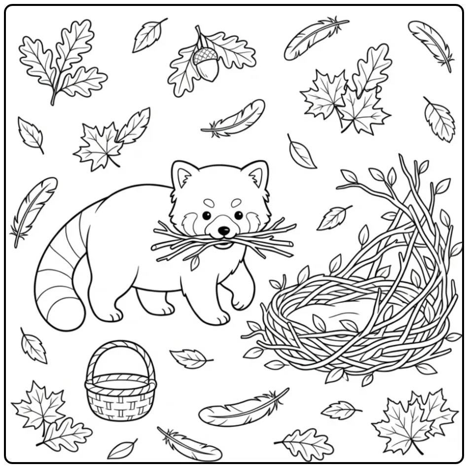 Red panda coloring page with twigs and a basket
