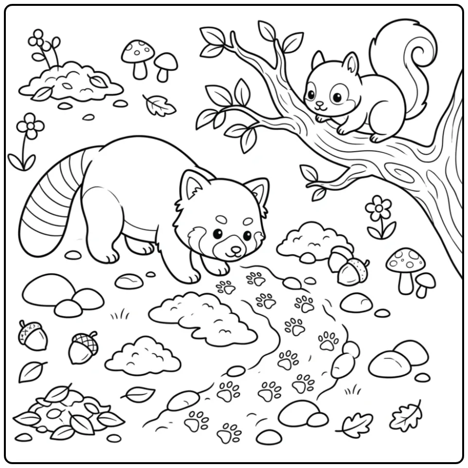 Red panda coloring page sniffing paw prints