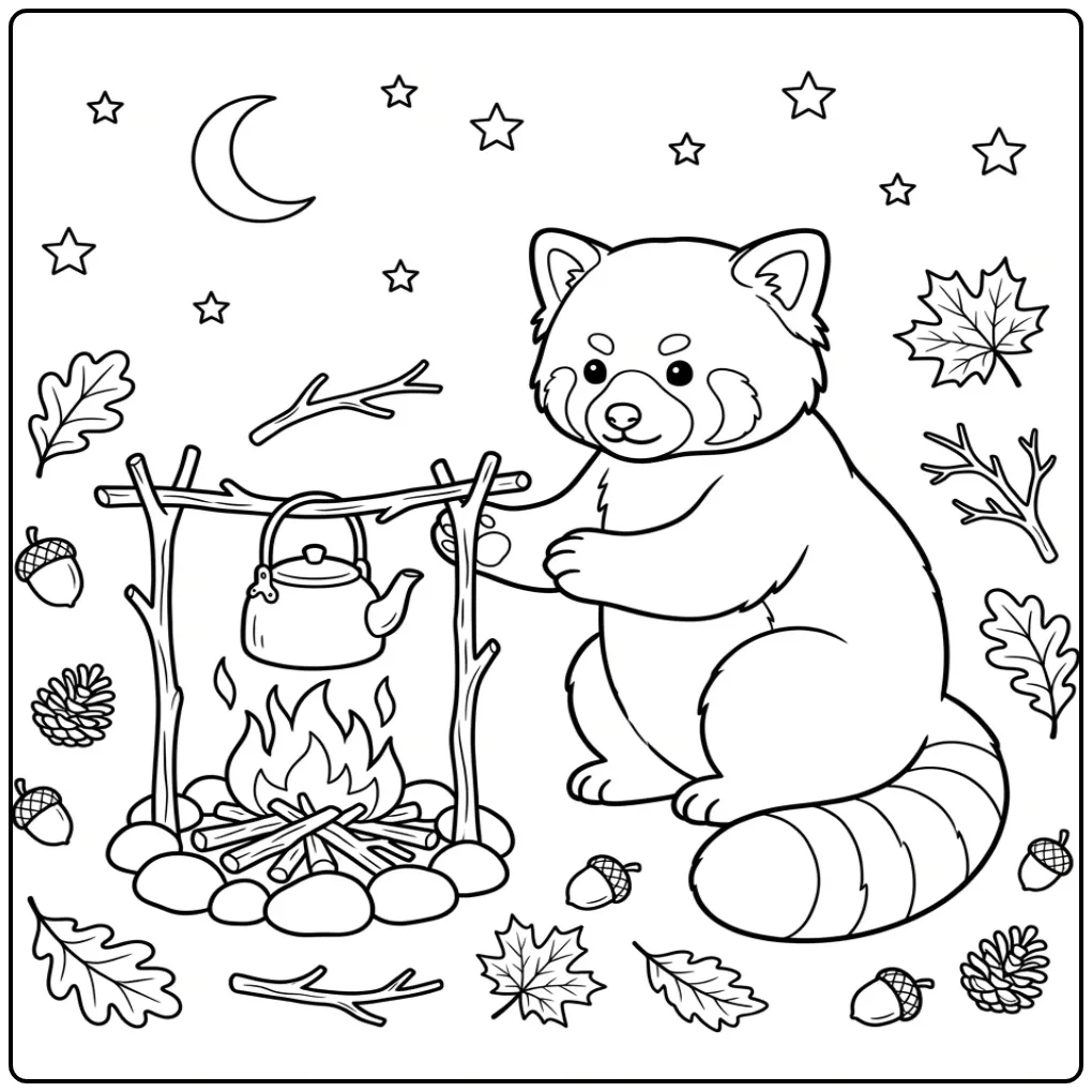 Red panda coloring page by a campfire with stars
