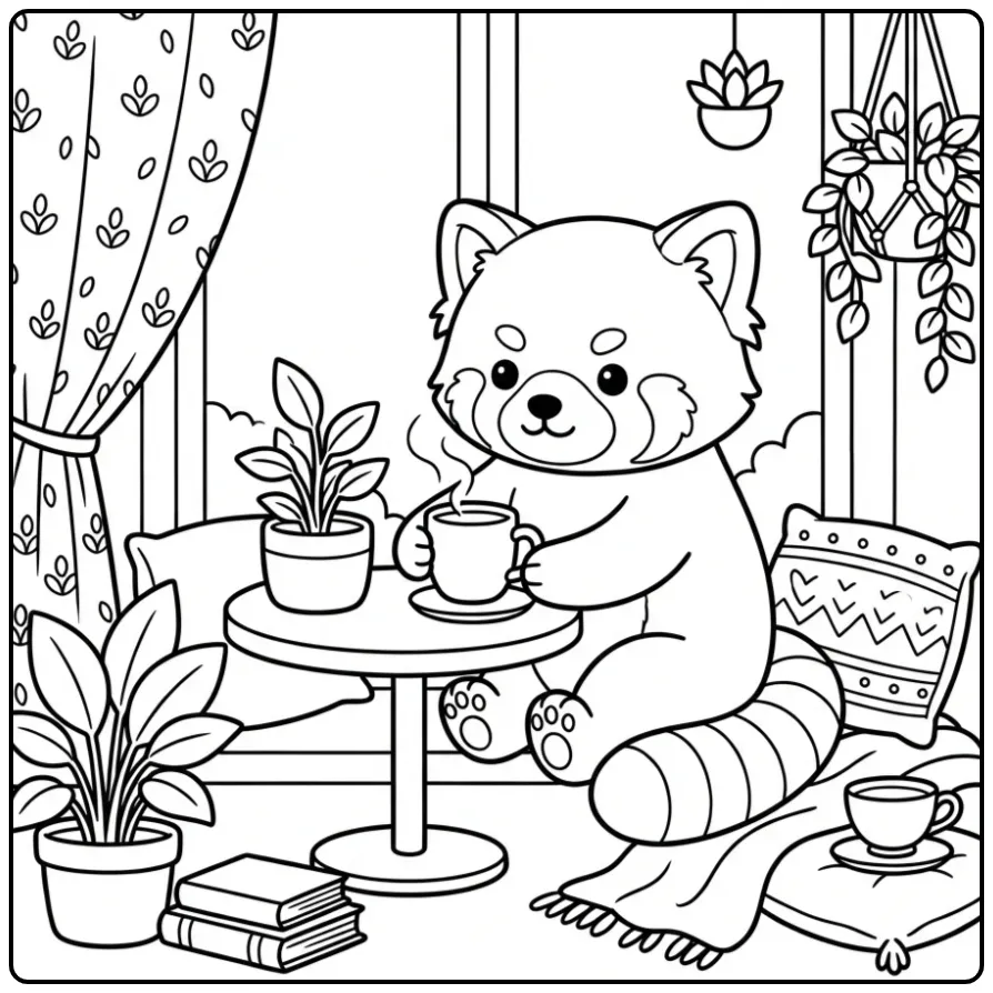 Red panda coloring page with tea by the window