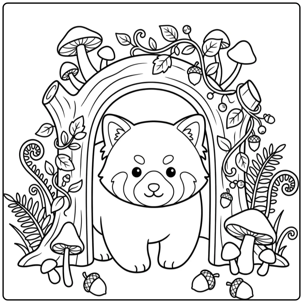 Red panda coloring page in a hollow tree trunk