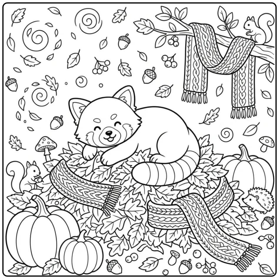 Red panda coloring page in autumn leaves