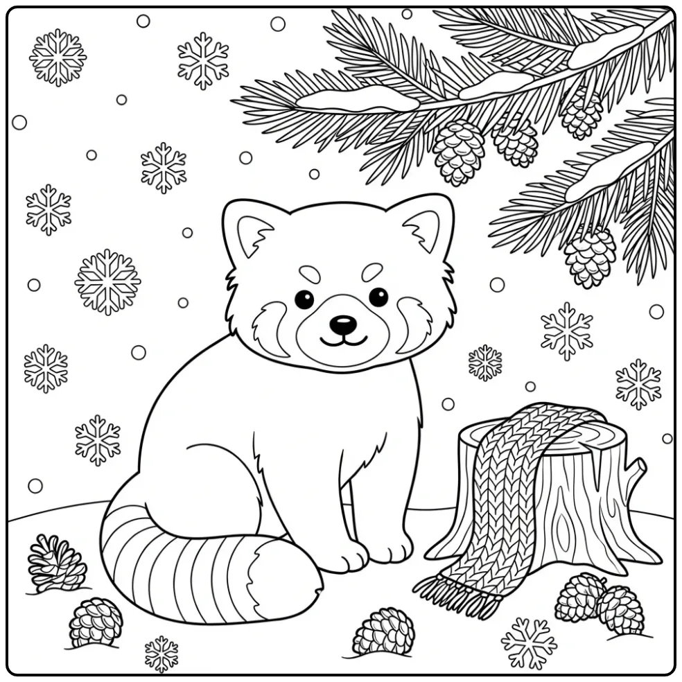 Winter red panda coloring page under a pine branch