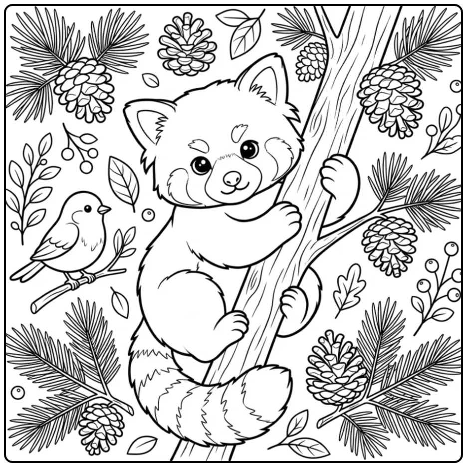 Red panda coloring page climbing a tree