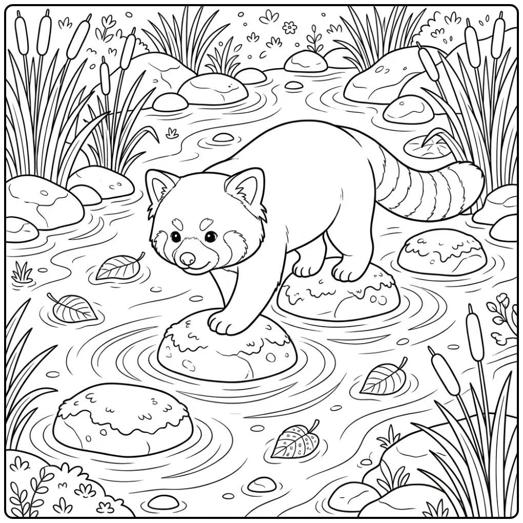 Red panda coloring page stepping across stones in a creek
