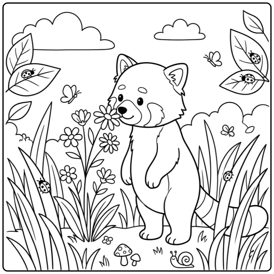 Red panda coloring page among flowers and beetles