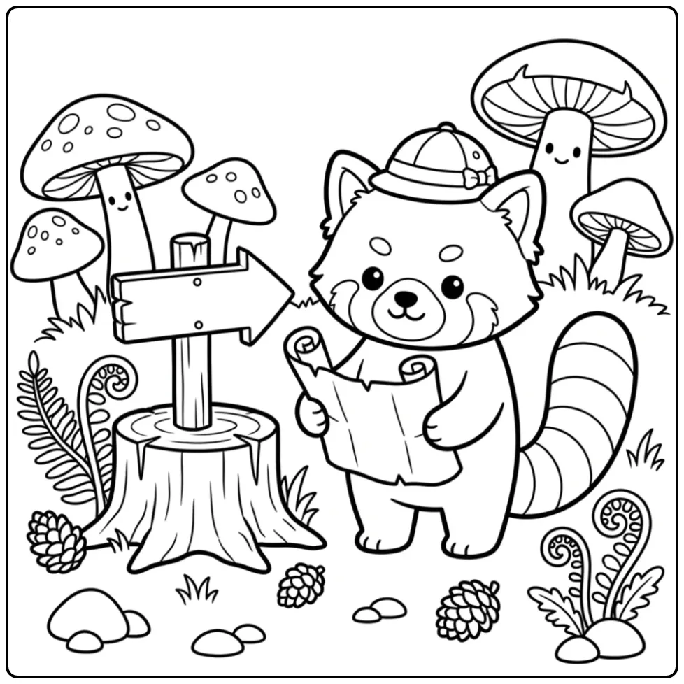 Cute red panda coloring page with a map
