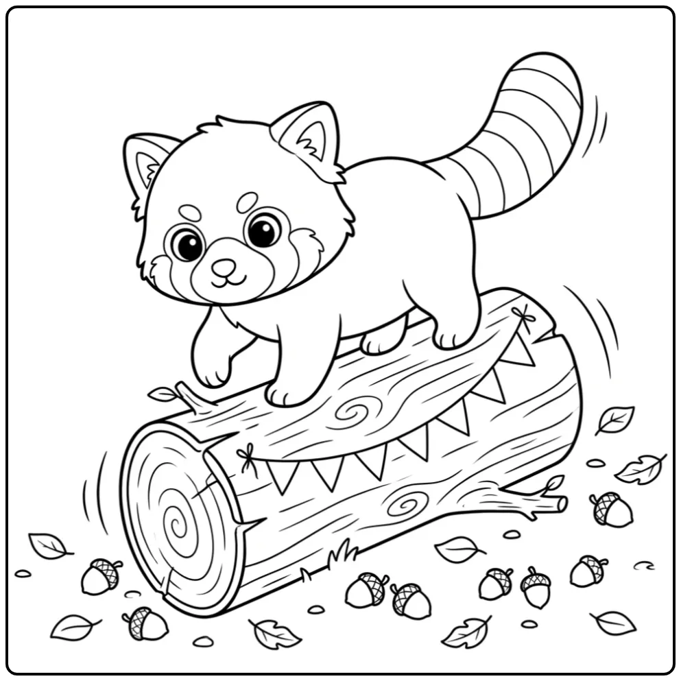 Cute red panda coloring page balancing on a rolling log