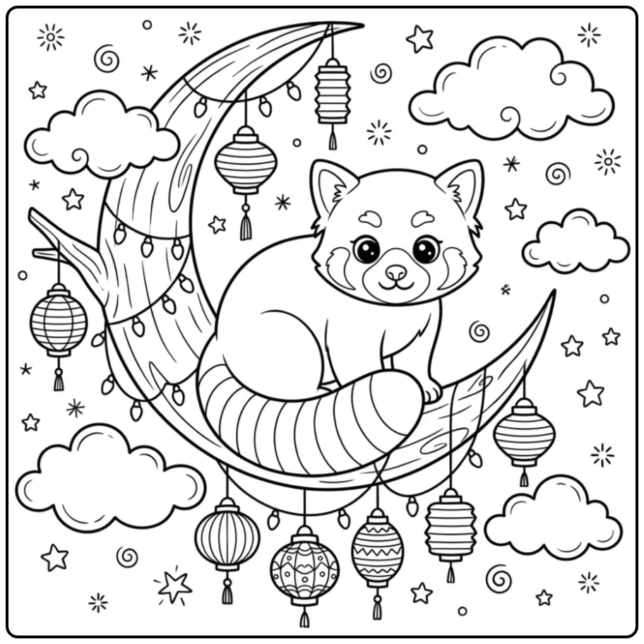 Cute red panda coloring page on the moon with lanterns