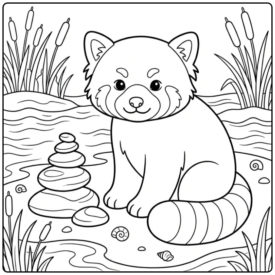 Red panda coloring page by river stones and reeds