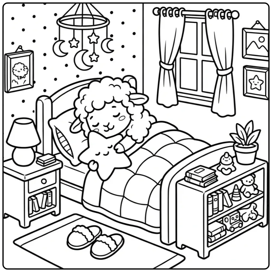 Sheep coloring page sleeping with a star pillow
