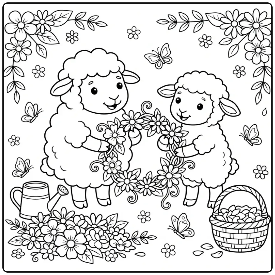 Sheep and lamb coloring page making a flower crown