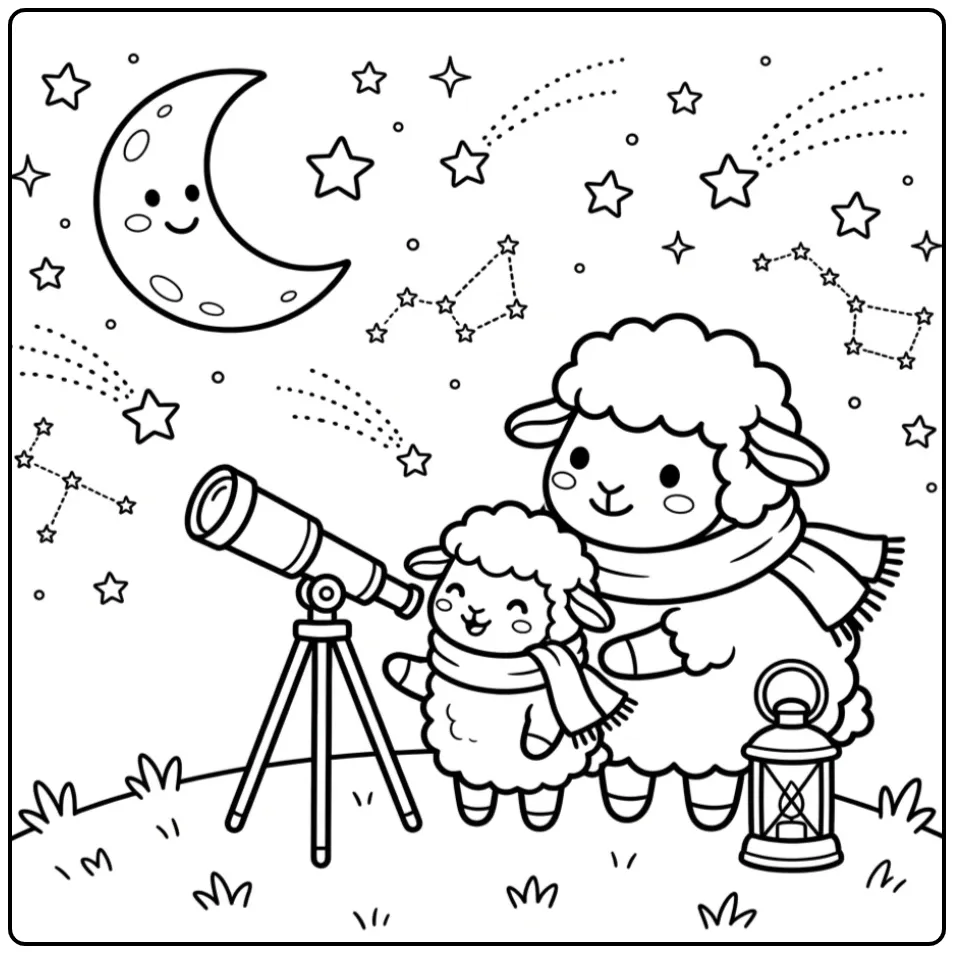 Sheep and lamb coloring page by a telescope