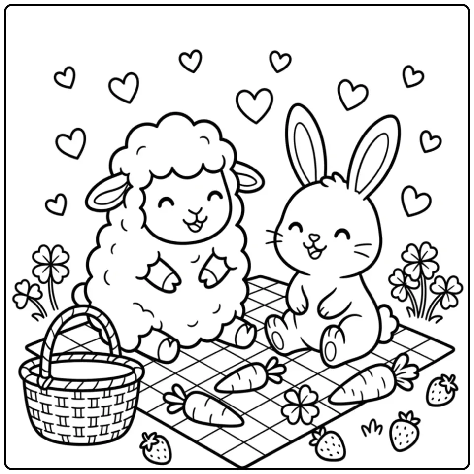 Toddler sheep coloring page having a picnic with a rabbit