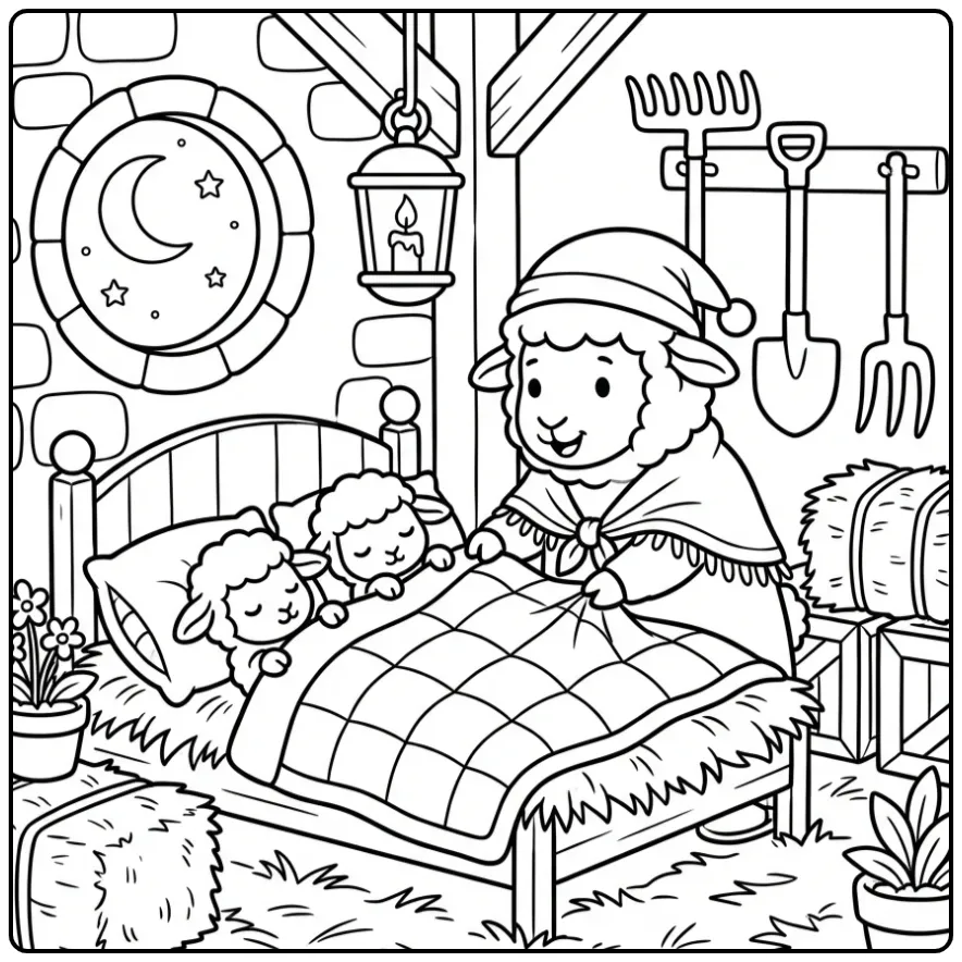 Sheep with lambs coloring page in a warm stable