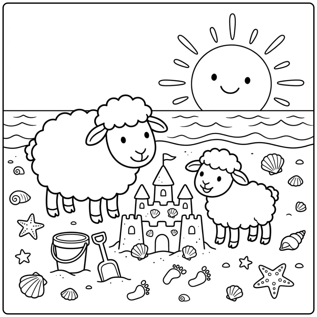 Sheep coloring page with a lamb building a sandcastle