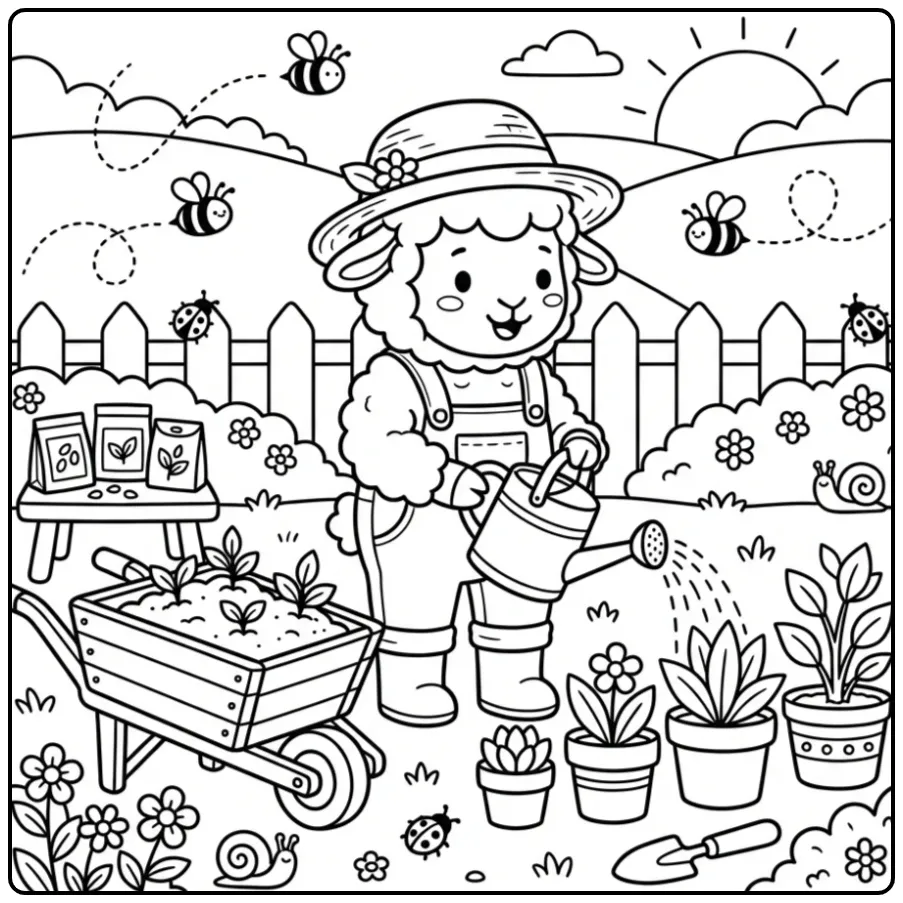 Sheep coloring page as a gardener with plants