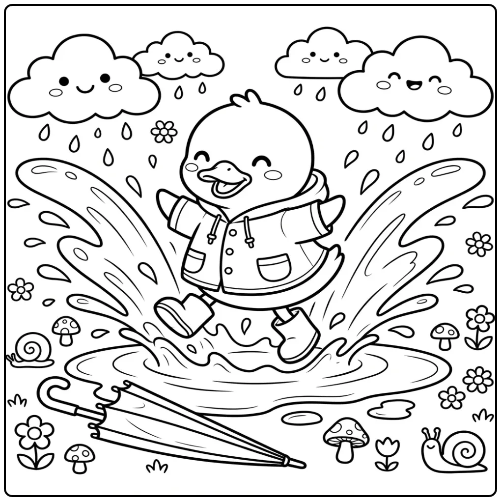 Cute baby duck coloring page jumping in a big puddle