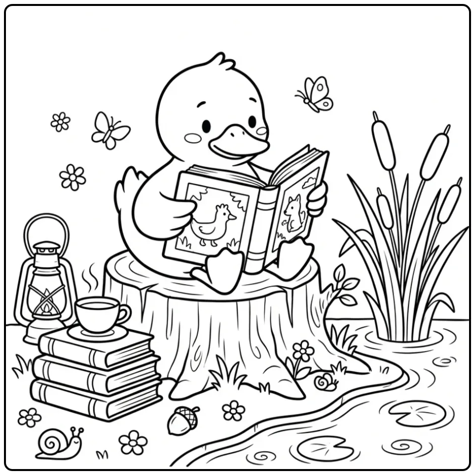 Cute baby duck coloring page on a stump with books