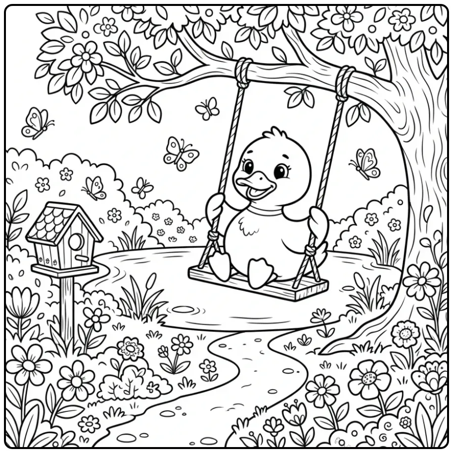 Cute baby duck coloring page swinging happily